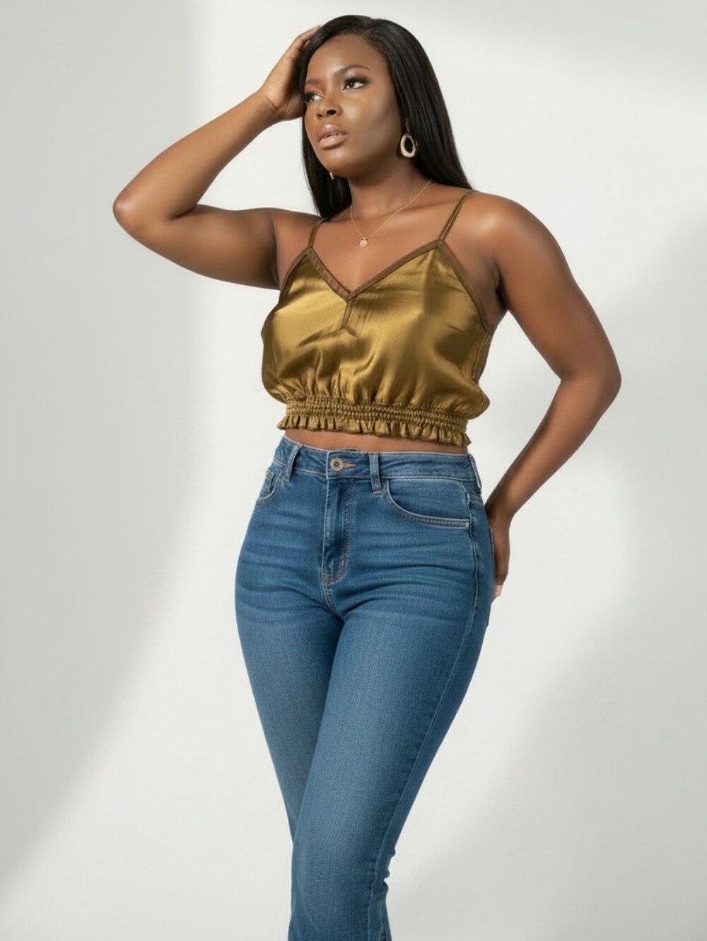 2 Zara Olive and Pink Satin Smocked Cami Top (sold as a set of 2)